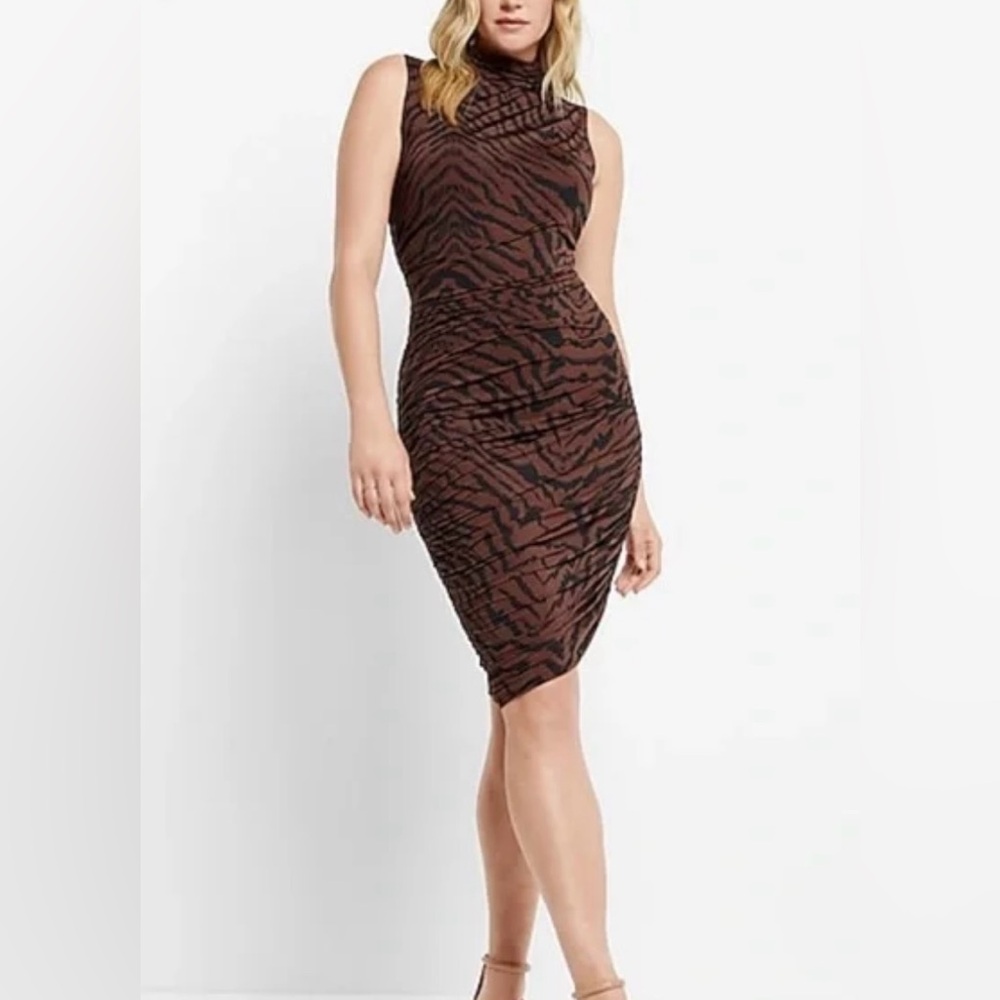 Express Brown and Black Ruched Bodycon Midi Dress